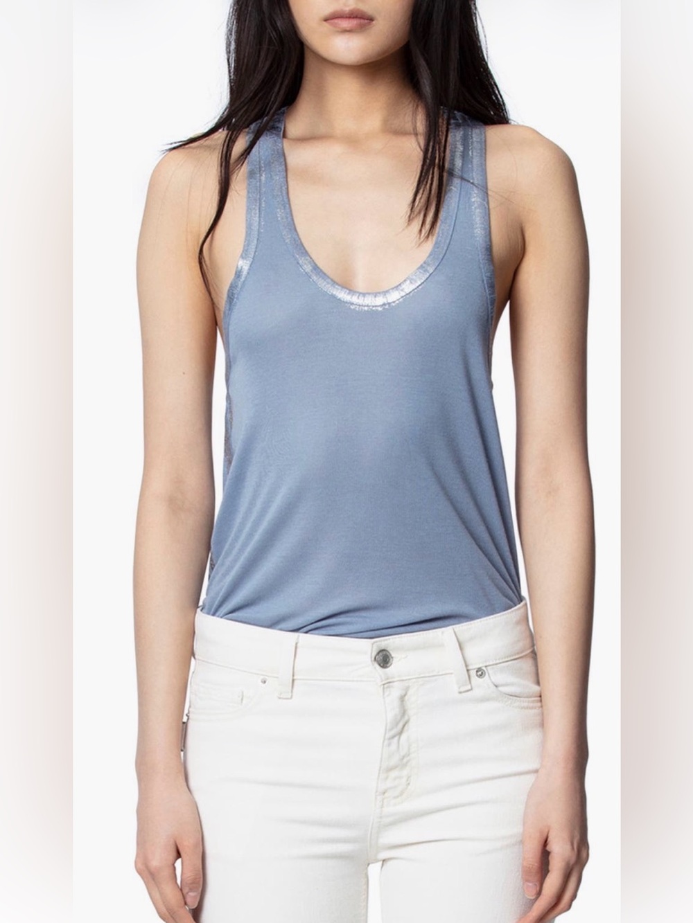 Zadig & Voltaire Ander Foil US Blue Racerback Tank Top Silver Trim XS #201